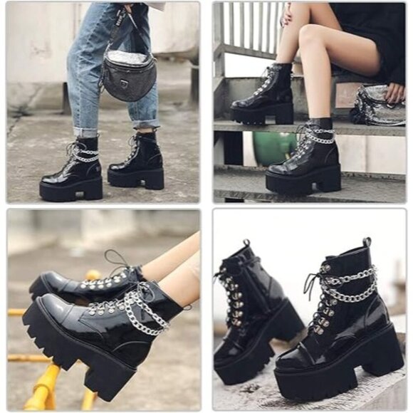 Black Patent Vegan Leather Platform Chain Embellished Combat Boot Non Slip Ergo - Picture 4 of 4